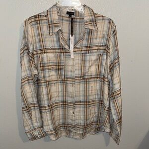 NWT Coco + Carmen Beige and Blue Plaid Shirt